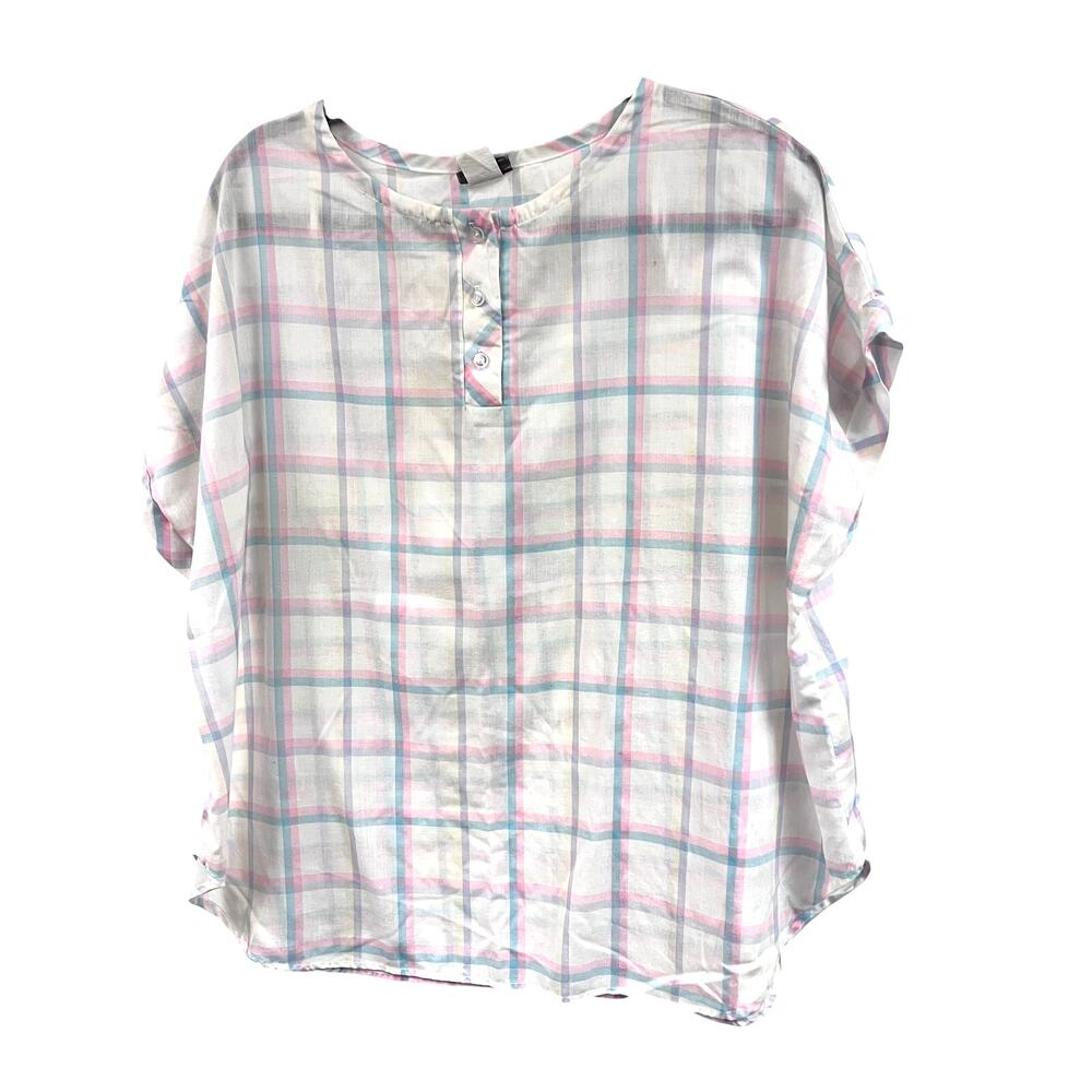 Vintage Women's Crew Neck cotton blend plaid short sleeve blouse 3X white pastel